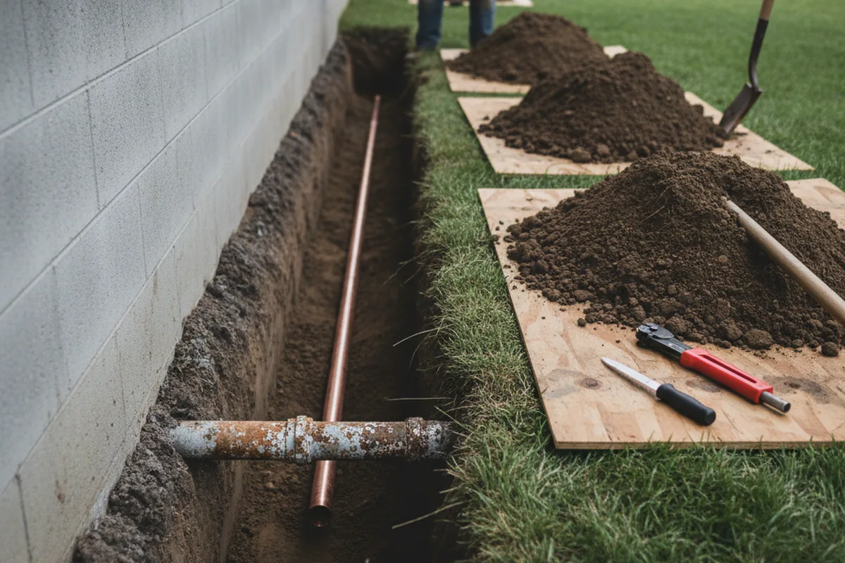 Excavated water line trench during Sewer Line Repair in Warners